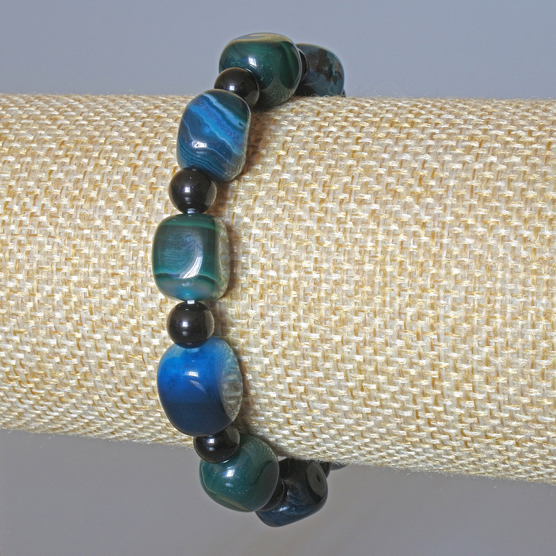 Blue-green agate bracelet with natural stone bars, 9×12 mm diameter, smooth beads, 6 mm diameter, length 18 cm (stretch)
