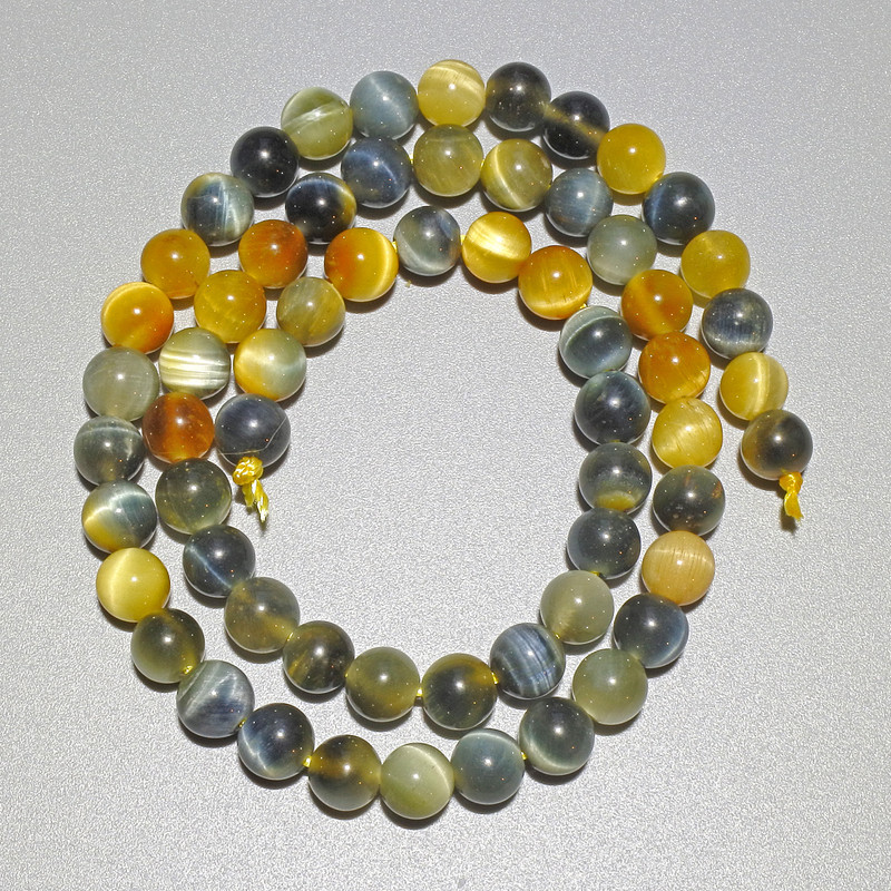 Yellow-Gray Cat's Eye Beads, natural stone, smooth round beads, diameter 6.5 mm, length 38 cm on thread