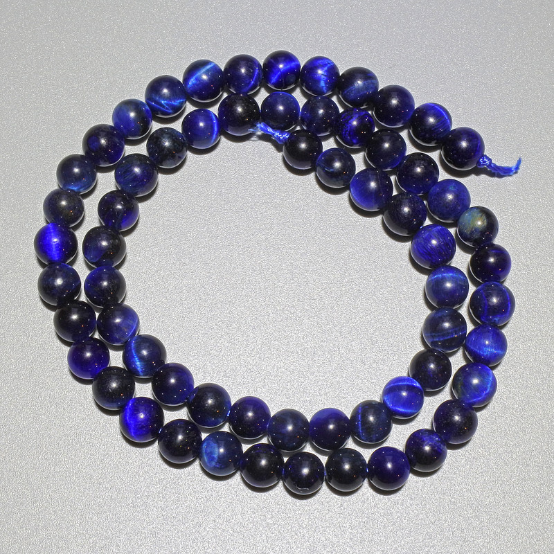 Blue Cat's Eye Beads, natural stone, smooth round beads, diameter 6.5 mm, length 38 cm on thread