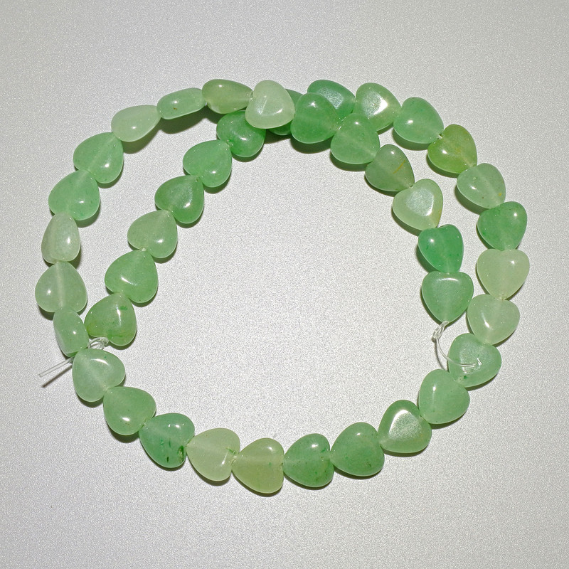 Natural nephrite heart-shaped beads, 10 x 10 x 5 mm, 37 cm length on a beading thread