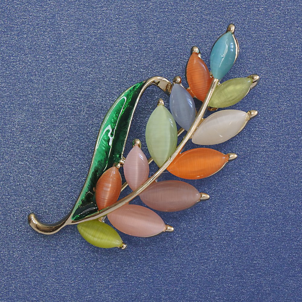 Brooch Sprig with Multicolor Cat's Eye, Green Enamel and Gold-Tone Metal 22x47mm