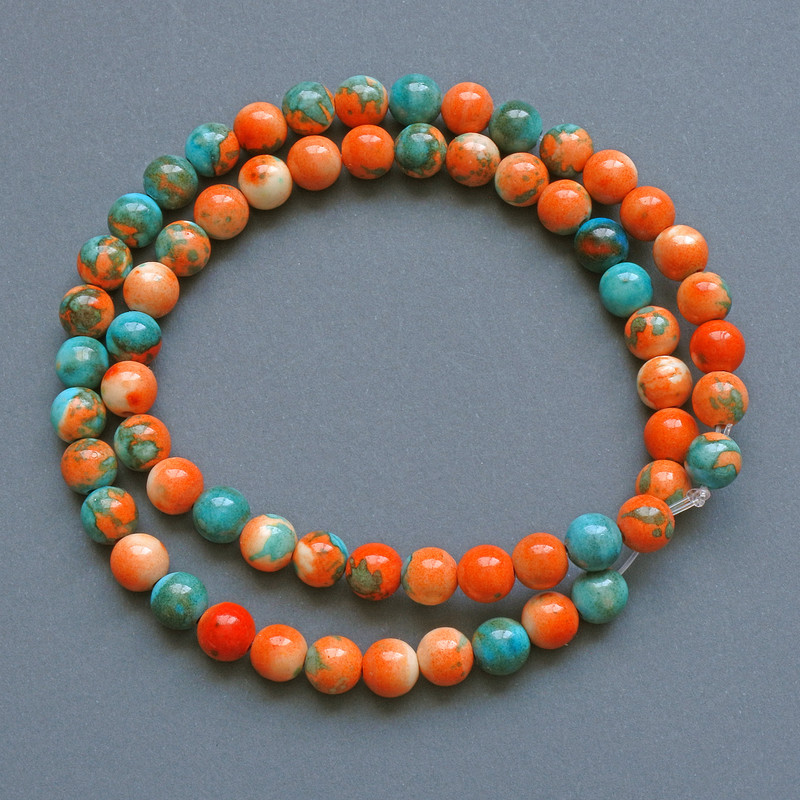 Beads 'Variscite' (artificial acrylic) orange, blue and white smooth spheres, 6.5 mm diameter, approx 40 cm length on monofilament