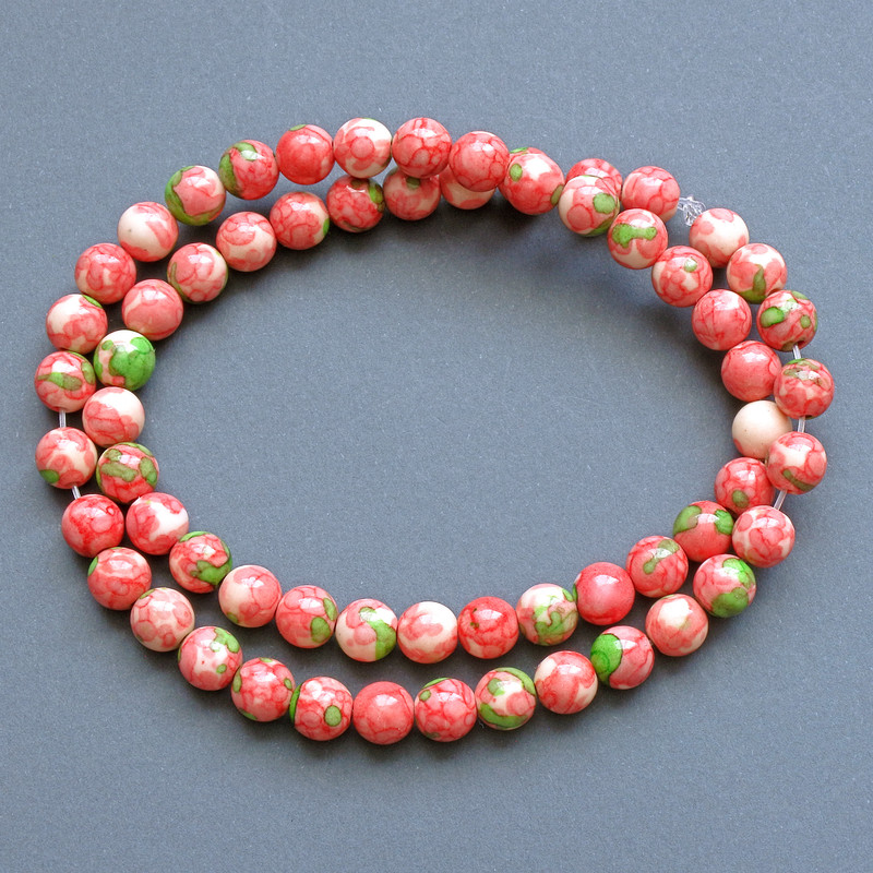 Beads 'Variscite' (synthetic acrylic) pink, white and green smooth round beads, 6.5 mm diameter, 40 cm length ± on beading thread
