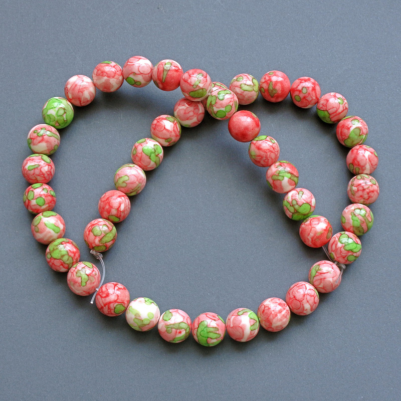 Beads 'Variscite' (synthetic acrylic) pink, white and green smooth round beads, diameter 8.5 mm, length 40 cm on thread