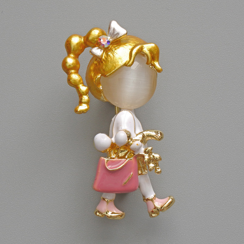 Brooch pendant «Girl» white cat's eye and enamel, gold-tone metal 16x35mm
