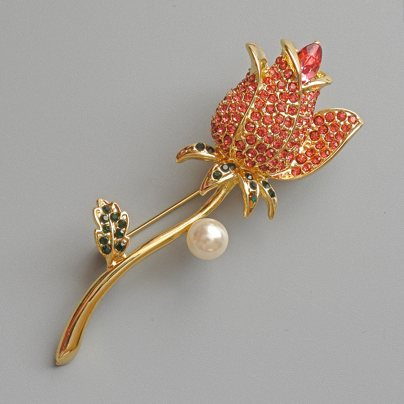 Rose brooch-pendant with raspberry red rhinestones, white bead, gold-tone metal 24x71 mm