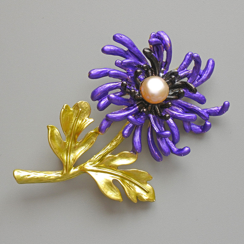 Brooch-Pendant Chrysanthemum Flower yellow, purple and black matte enamel, white bead, golden metal 40x61mm