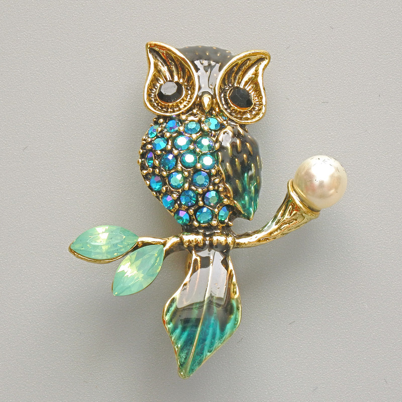 Brooch-pendant Owl blue and black enamel, blue and green crystals, white bead, gold-tone metal 31x38mm