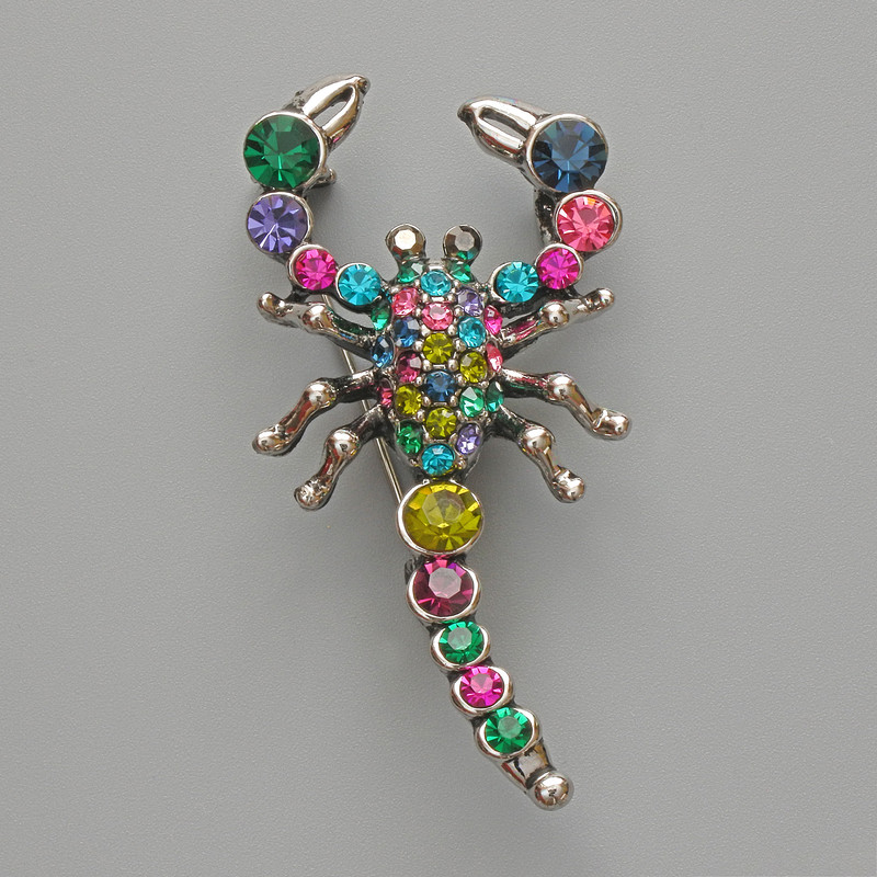 Scorpion Brooch Pendant with Multicolor Crystals, Silver-Tone Metal 28x54mm