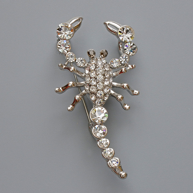 Brooch-pendant Scorpion with White Crystals, Silver-Toned Metal 28x54 mm