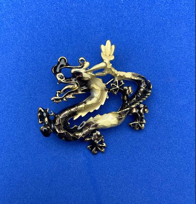 Dragon Brooch Pendant with Enamel, Silver-Tone Metal 47x41 mm