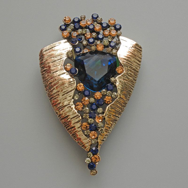 Accent Brooch-Pendant with Blue Crystal, Black, Blue and Yellow Rhinestones, Light-Gold Metal 41x65mm