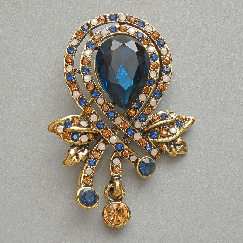 Accent Brooch Pendant with Blue Crystal, blue, white and yellow rhinestones, gold-tone metal 37×46 mm