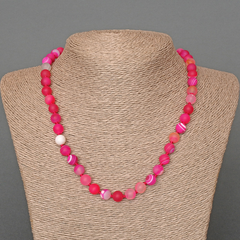 Raspberry agate necklace, matte natural stone, smooth bead, 8 mm diameter+-, 49 cm length+-