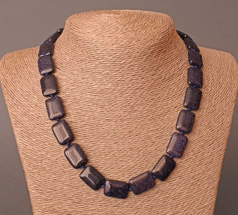 Aventurine Necklace: Blue Sand Night of Cairo (synthetic), rectangular beads, approx. 13×18 mm, length 48 cm