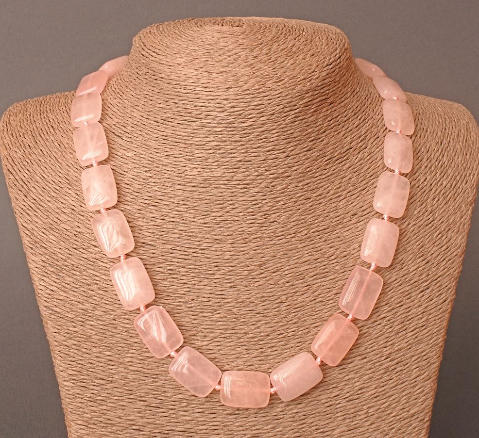 Rose Quartz Necklace, Rectangular Natural Stone Beads, 13x18 mm, Length 48 cm